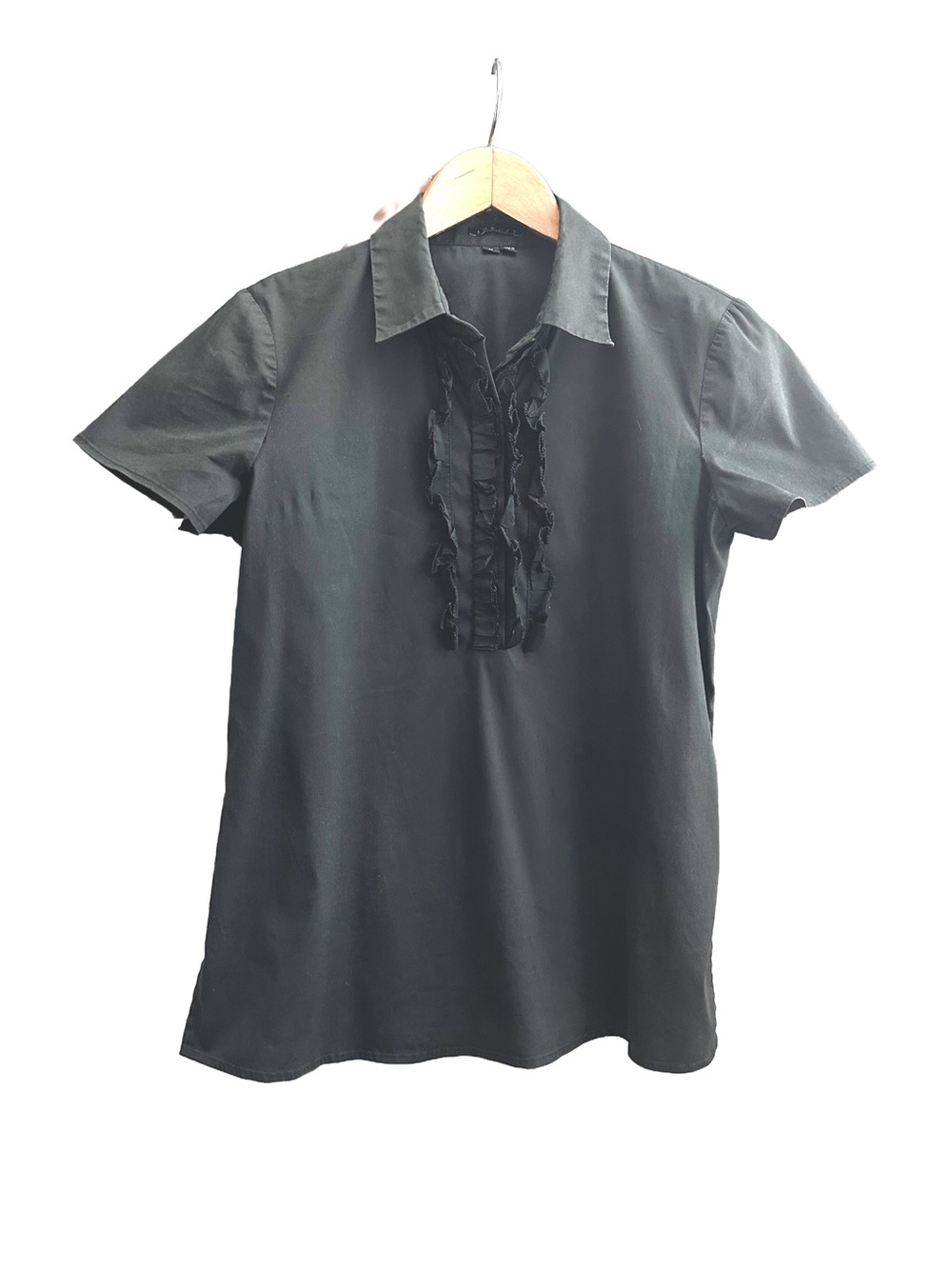 Theory Ulysses Luxe Popover Blouse Black Short Sleeve Ruffle Womens M Medium